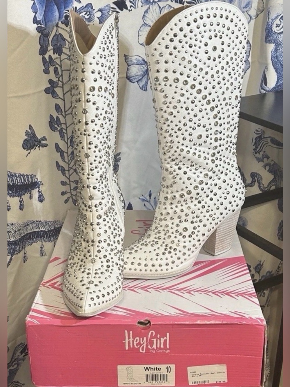 HeyGirl by Corkys White Studded Western Knee High Zip Boots Pointed Toe 10 w Box
